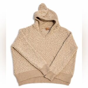 POL Popcorn Knit Hoodie Pullover Size Large Lightweight Textured Beige Sweater